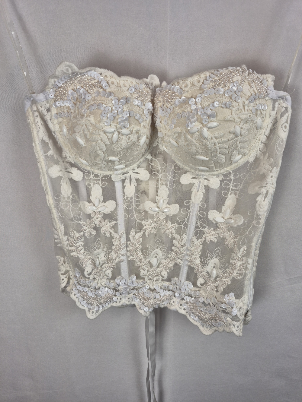 Lydia USA Ivory Lace Corset Bustier Top Medium M Beaded Sequin Bridal Fairycore